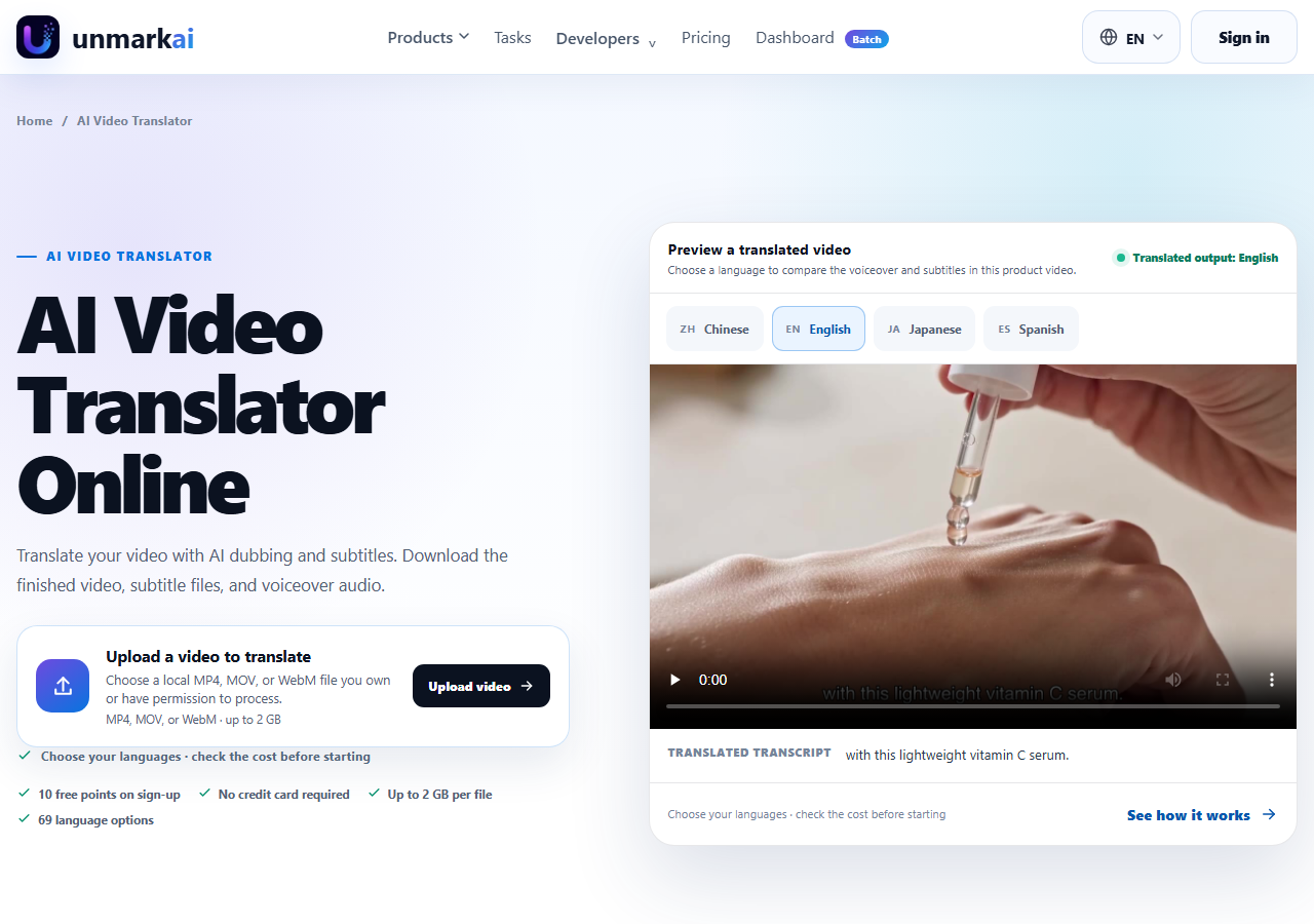 UnmarkAI AI Video Translator page showing 69 language options and the upload panel