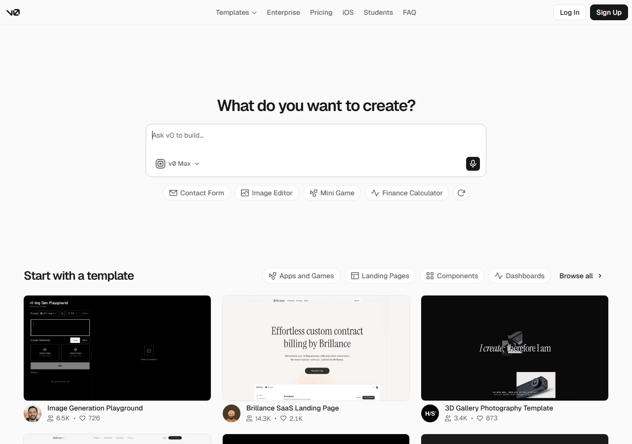 v0 homepage with a prompt box reading 'What do you want to create?' and a model picker set to v0 Max