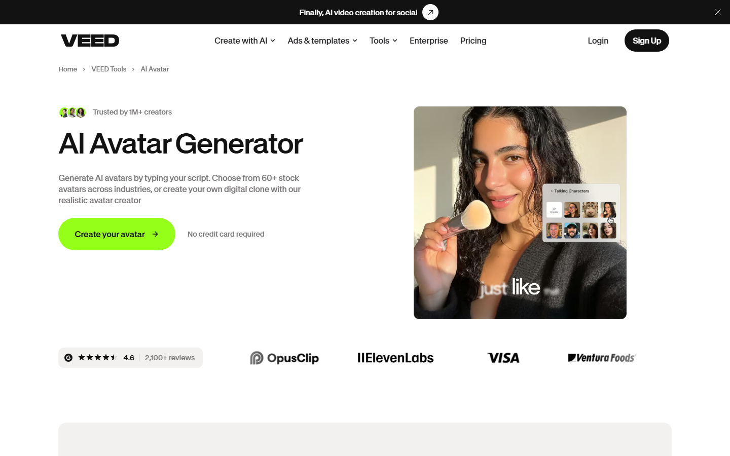 VEED AI Avatar Generator page showing a talking-head clip with a stock-avatar picker offering 60+ characters
