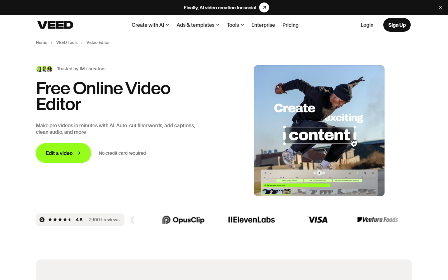 VEED's Free Online Video Editor landing page showing the drag-and-drop timeline editor with clip tiles and a background-music track