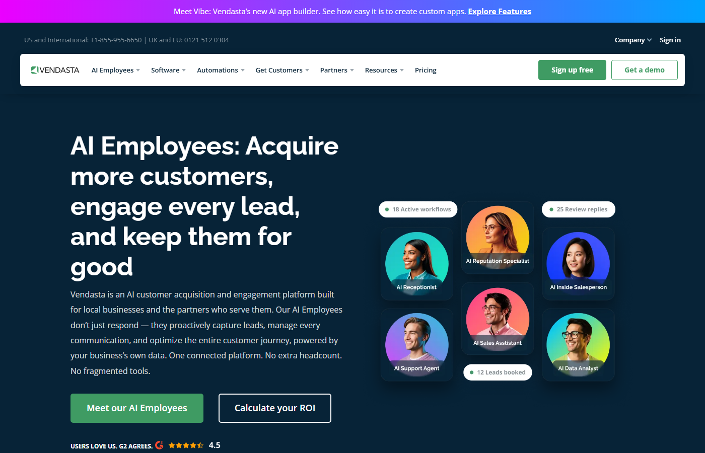Vendasta AI Employees page showing six named AI agent roles including AI Receptionist, AI Reputation Specialist, and AI Sales Assistant with live workflow counters