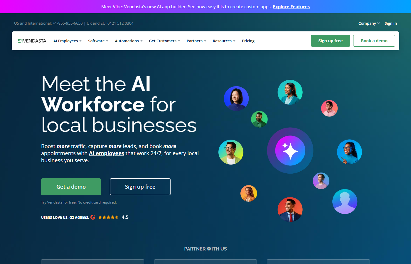 Vendasta homepage hero showing the AI Workforce headline and a G2 rating badge of 4.5 stars