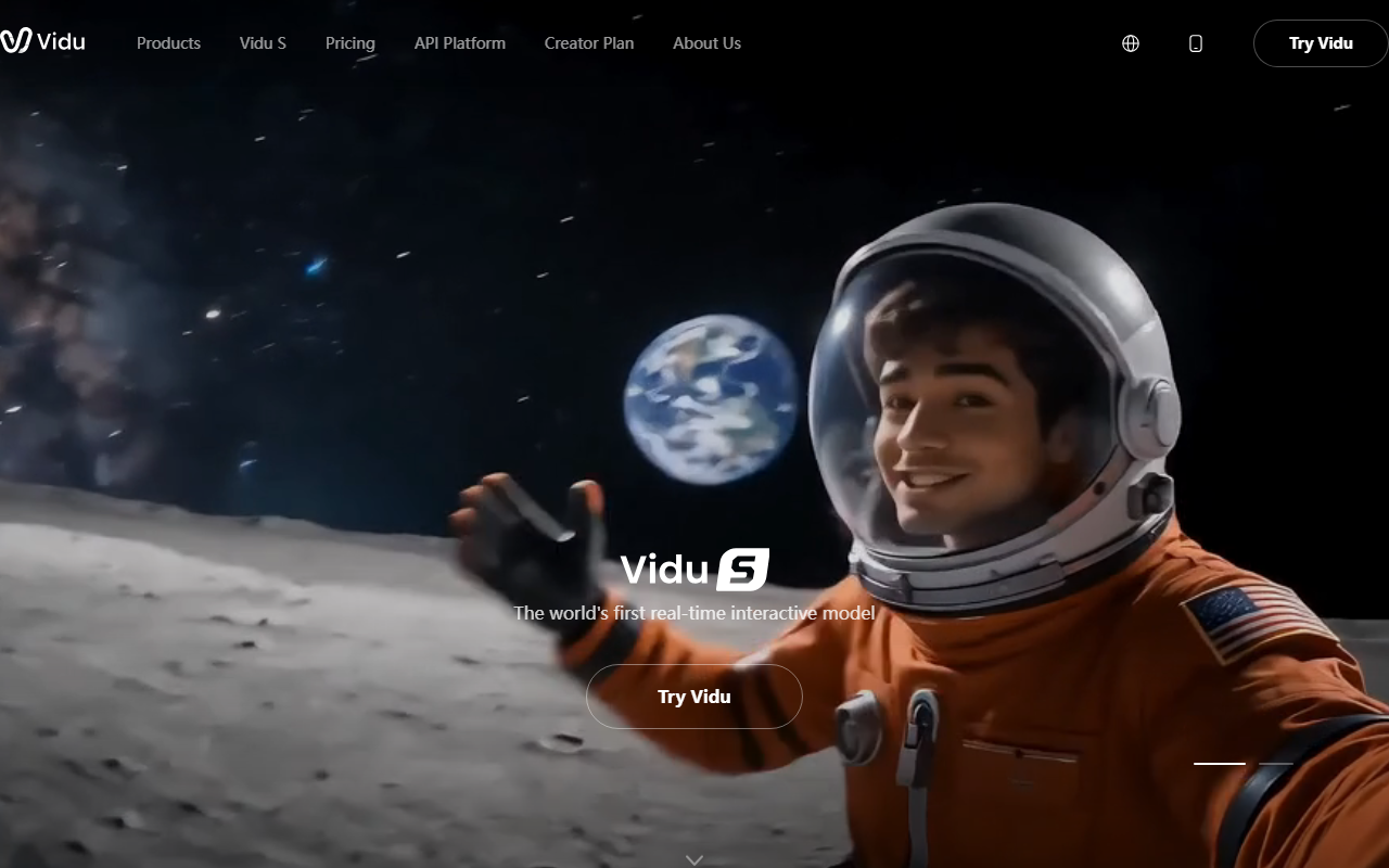 Vidu homepage promoting Vidu S, described as the world's first real-time interactive video model