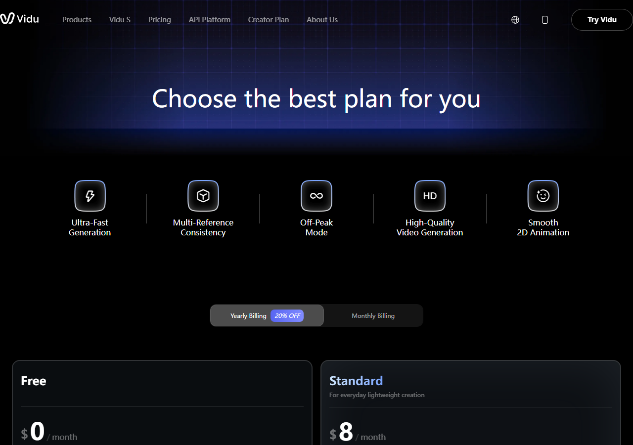 Vidu pricing page showing the Free and Standard tiers with a Yearly Billing toggle set to 20% off