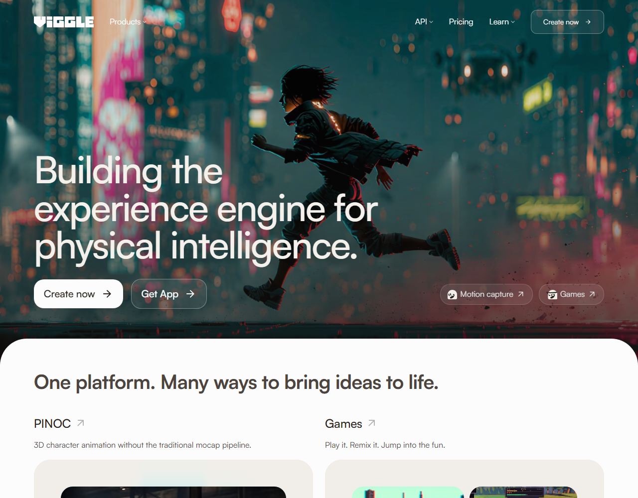 Viggle homepage with the headline Building the experience engine for physical intelligence over an animated character running through a neon city