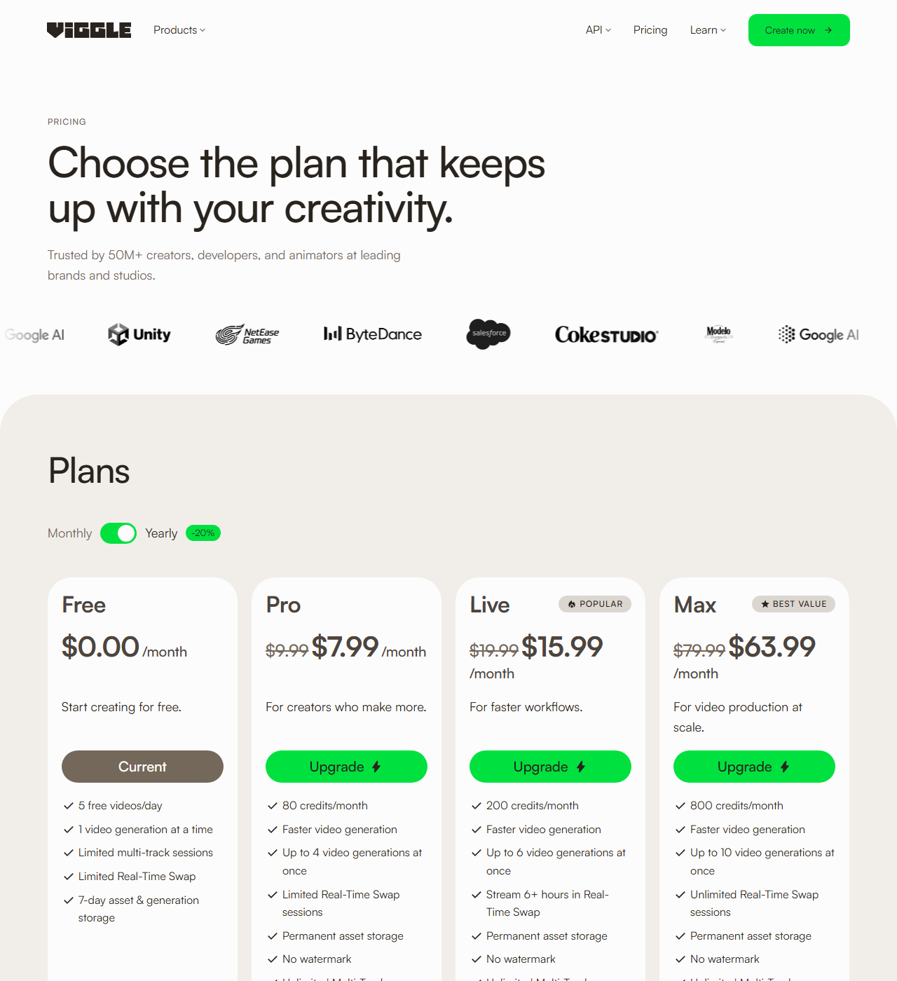 Viggle pricing page showing Free, Pro, Live and Max plans with the yearly toggle enabled and a 20 percent discount badge