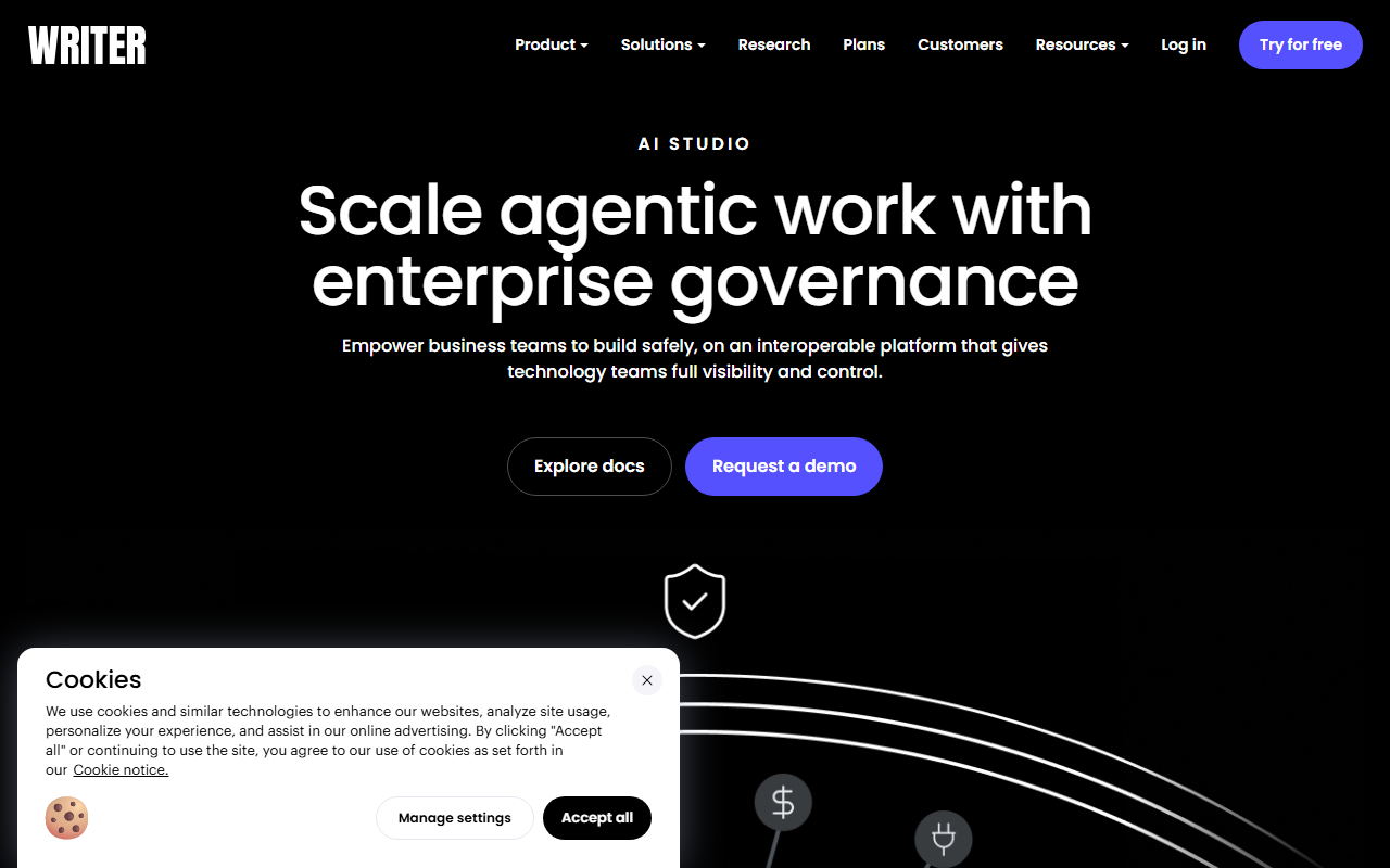 WRITER AI Studio product page hero reading 'Scale agentic work with enterprise governance,' with subhead about empowering business teams to build safely while technology teams keep full visibility and control, and Explore docs / Request a demo buttons