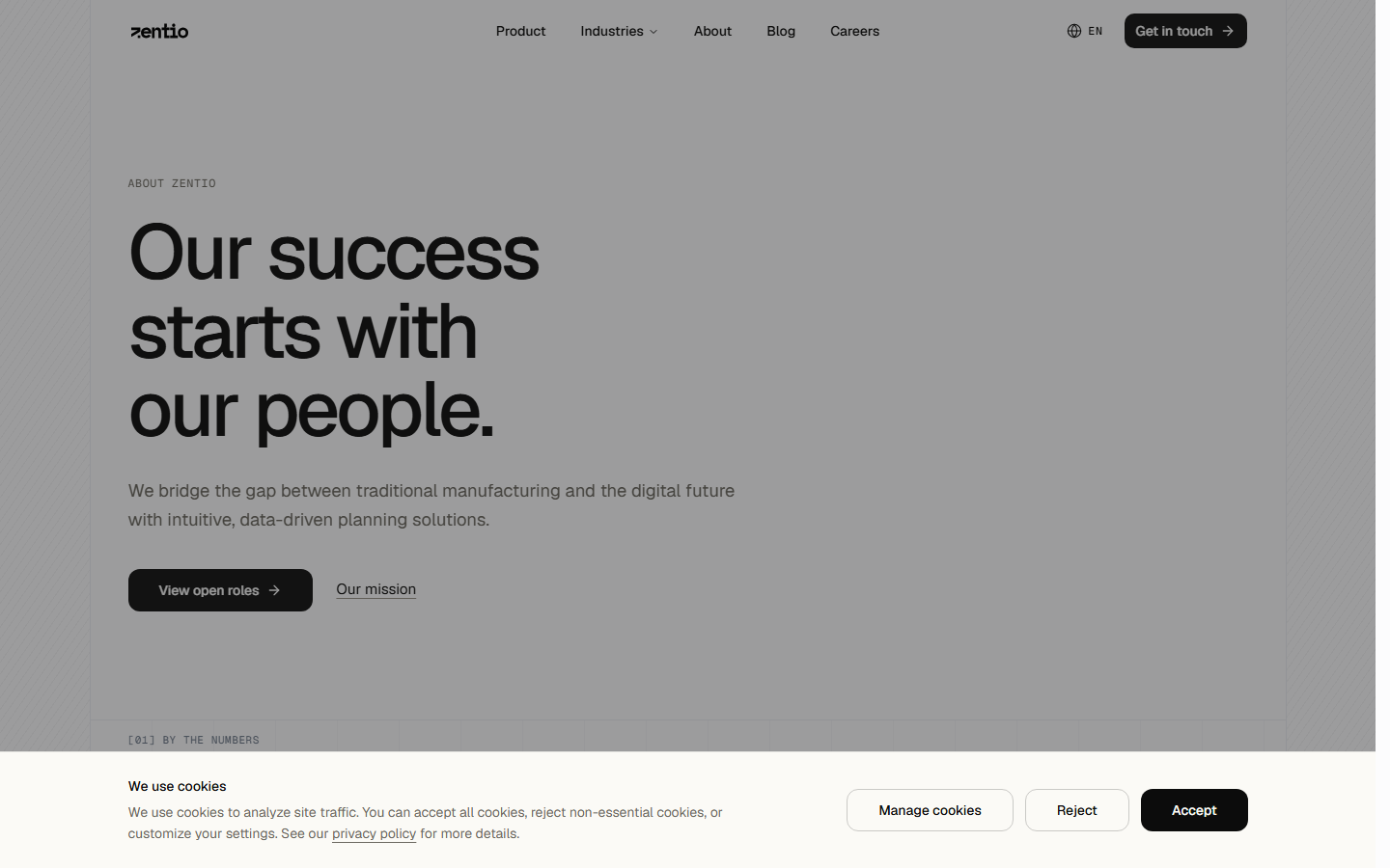 Zentio About page headed 'Our success starts with our people' with the company's mission statement