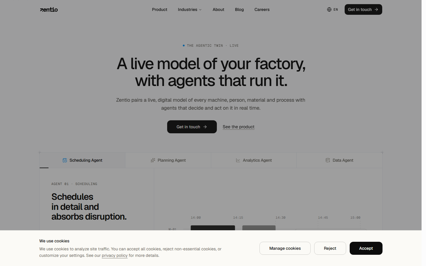 Zentio homepage hero reading 'A live model of your factory, with agents that run it' above the Scheduling Agent tab showing a live shift timeline