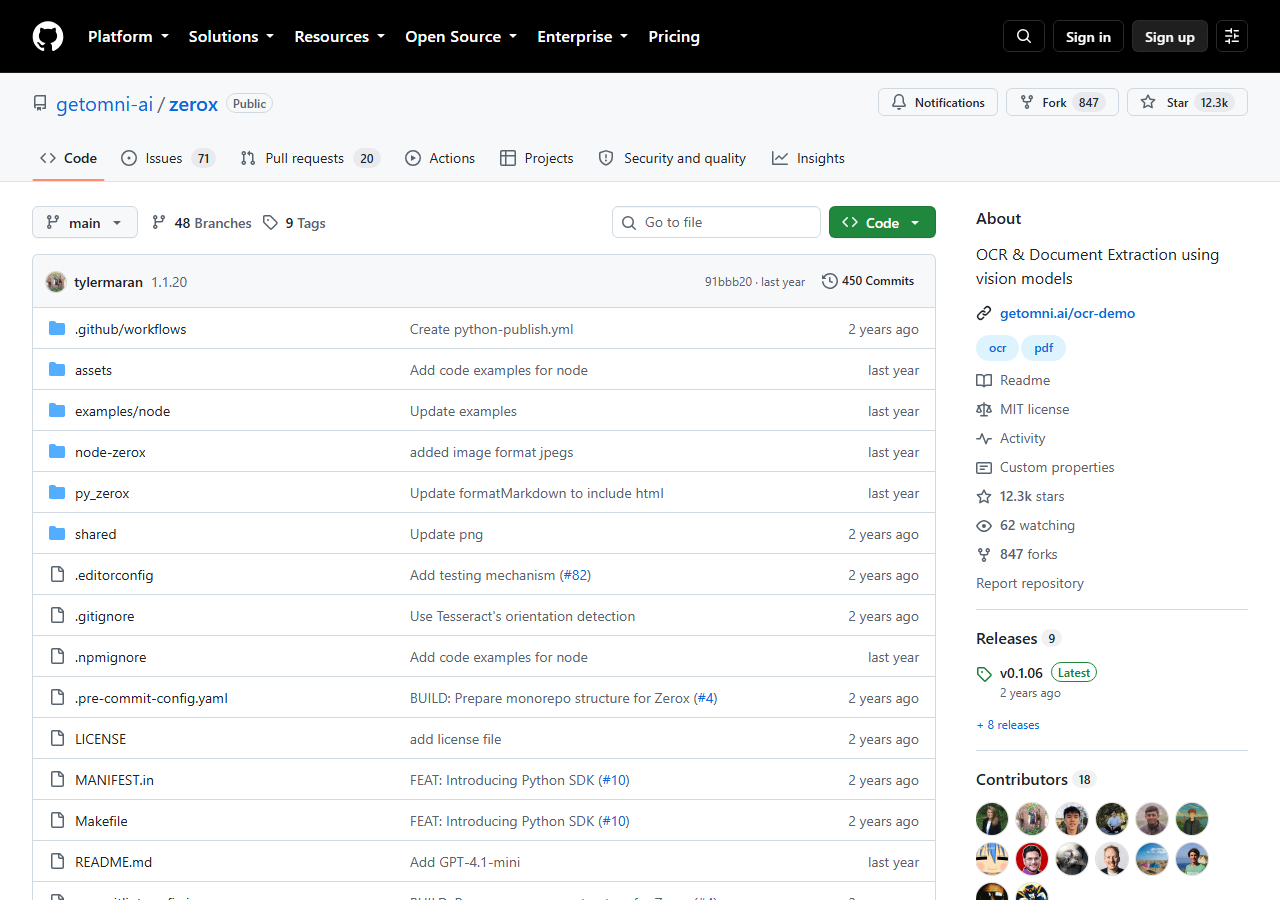 Zerox GitHub repository page showing 12.3k stars, 847 forks and v0.1.06 marked as the latest release from two years ago
