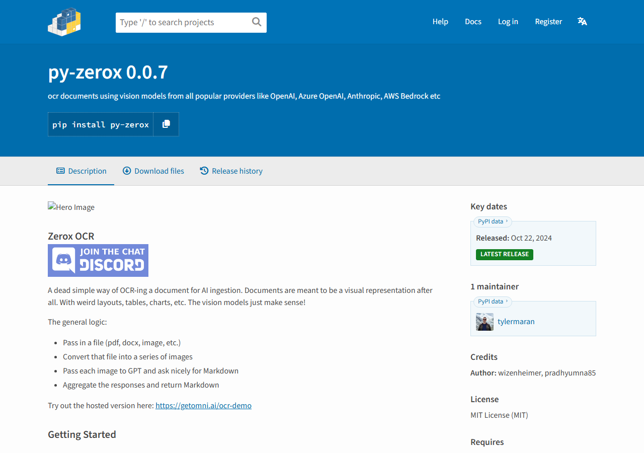 py-zerox package page on PyPI showing version 0.0.7 released October 2024 under the MIT license